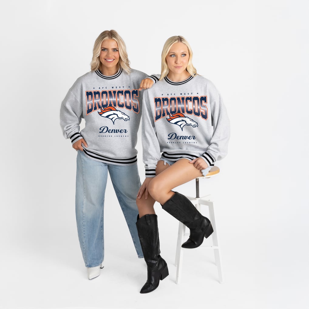Women's Gameday Couture Ash/Black Denver Broncos Oversized Gridiron Drive Ringer Stripe Sweatshirt