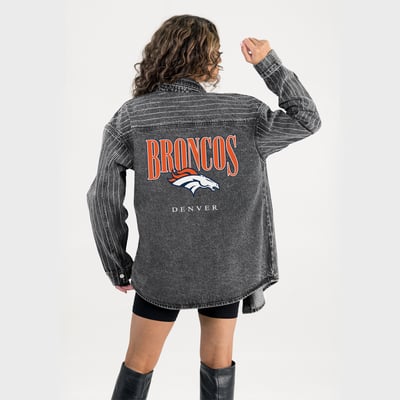 Denver Broncos Gameday Couture Women's End Zone Energy Rhinestone Washed Full-Snap Denim Overshirt - Black