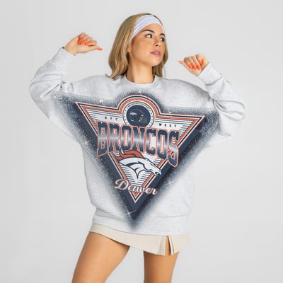 Denver Broncos Gameday Couture Women's Chasing Victory Rhinestone Spray Oversized Fleece Sweatshirt - Heather Gray