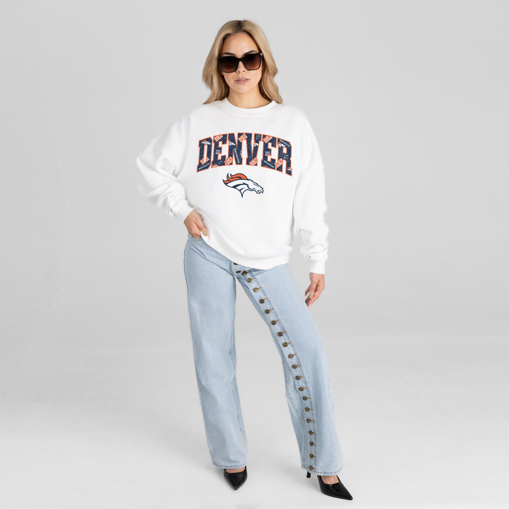 Women's Gameday Couture White Denver Broncos Sweet Play Oversized Premium Drop Shoulder Sweatshirt