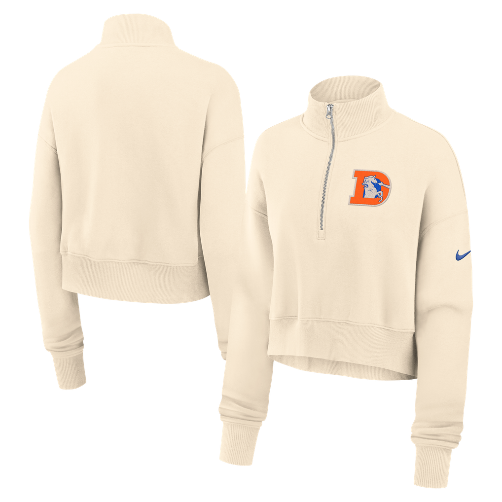 Women's Nike Cream Denver Broncos Legacy Phoenix Fleece Cropped Half-Zip Sweatshirt