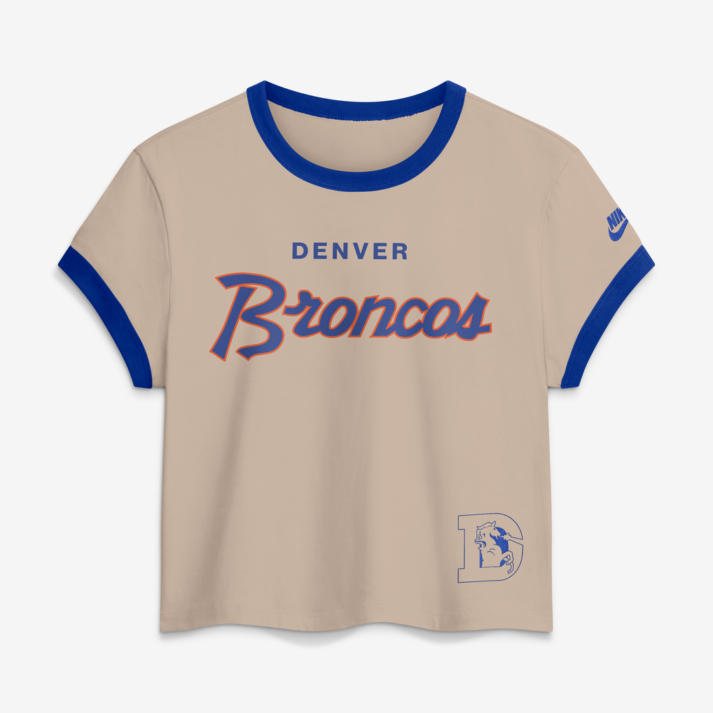 Women's Nike Cream Denver Broncos Rewind Ringer Mod Cropped T-Shirt