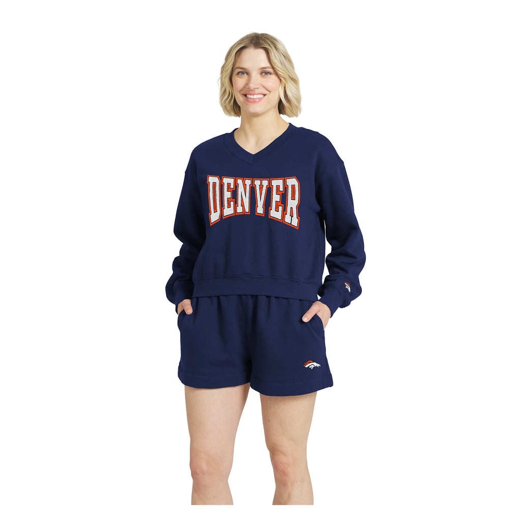 Navy Broncos lounge set with a long-sleeve DENVER sweatshirt and matching shorts.