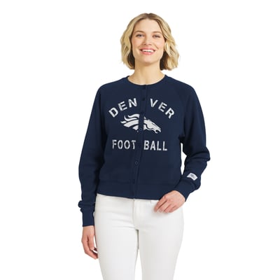  Denver Broncos WEAR by Erin Andrews Women's Heathered Crew Full-Button Cardigan - Navy