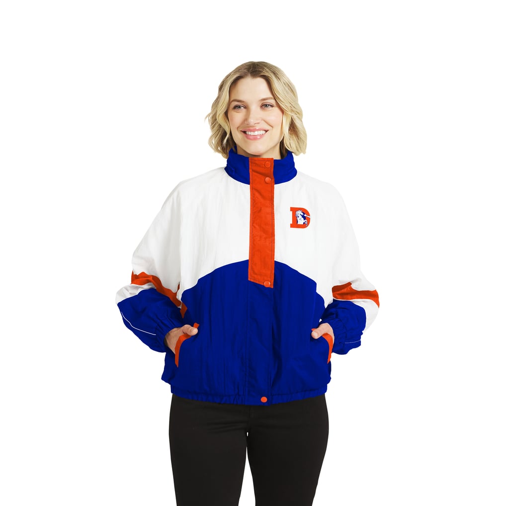 Women's WEAR by Erin Andrews  White/Royal Denver Broncos Throwback Crinkle Full-Snap Hooded Windbreaker Jacket