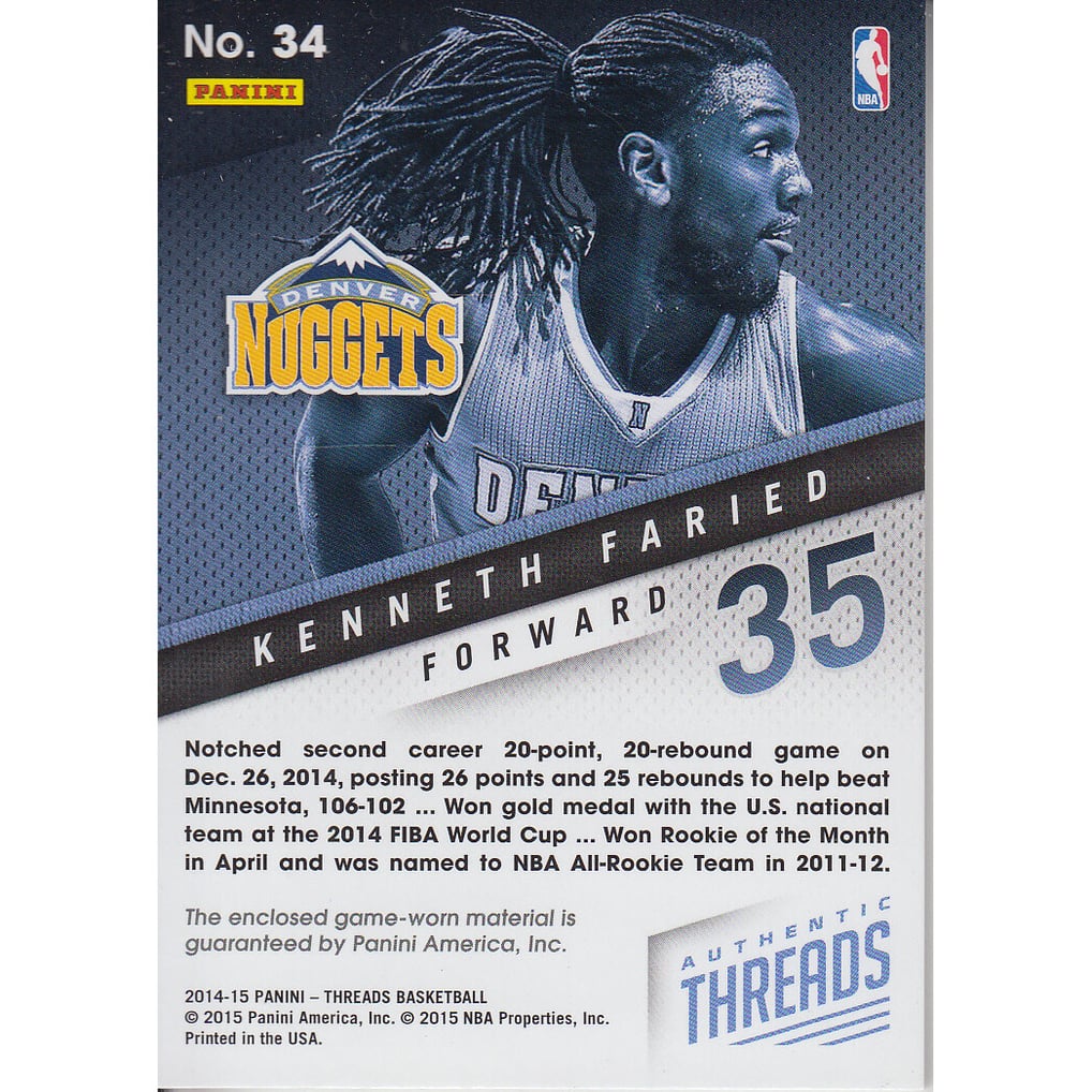 2014-15 Panini Threads Authentic Threads Prime #34 Kenneth Faried/25