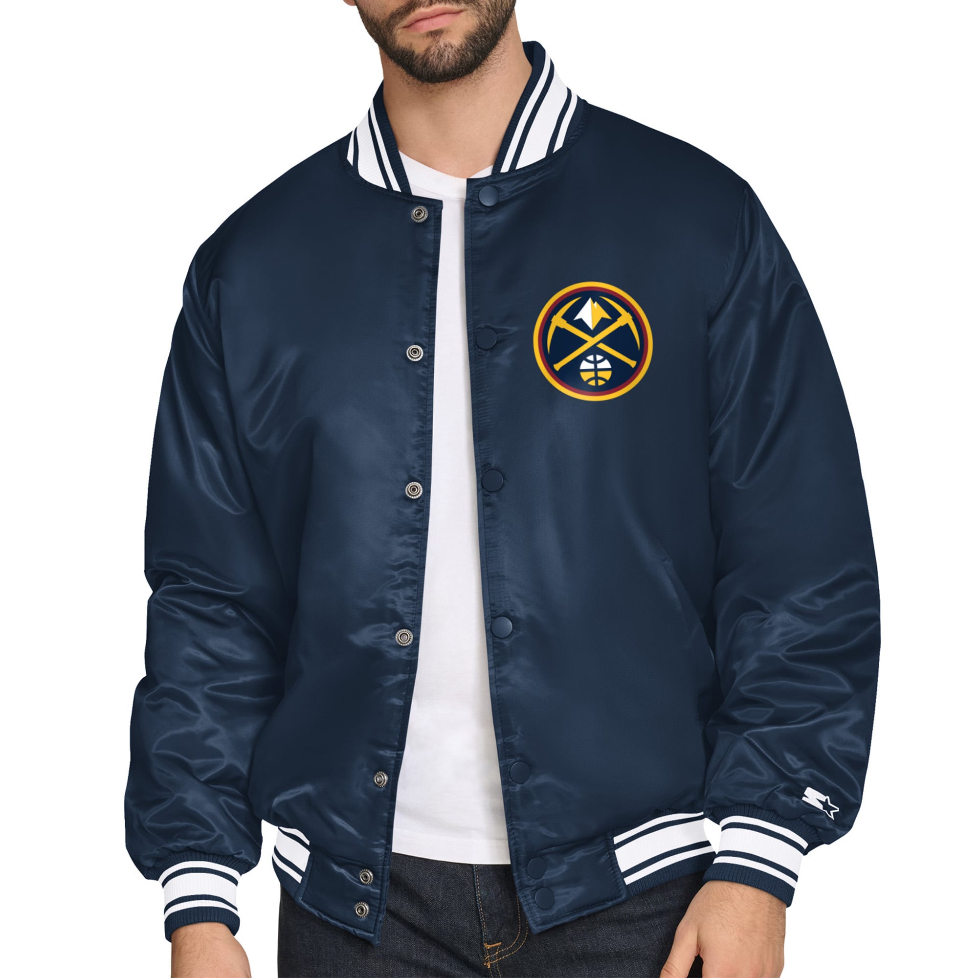 Men's Denver Nuggets Starter Navy Printed Team Logo Satin Varsity Full ...