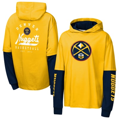 Denver Nuggets Outerstuff Youth Double Nickel Oversized Faux 2fer Hooded T-Shirt - Gold
