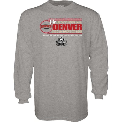 Denver Pioneers Blue 84 Unisex 11-Time NCAA Frozen Four Men's Ice Hockey National Champions Long Sleeve T-Shirt - Gray
