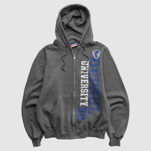DePaul Blue Demons Champion 2000s Hooded Full Zip Sweatshirt - Charcoal - S by Fanatics Real Vintage