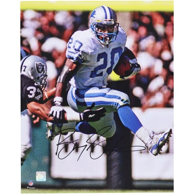 Barry Sanders Detroit Lions Autographed Fanatics Authentic 16" x 20" Hurdle vs. Raiders Photograph