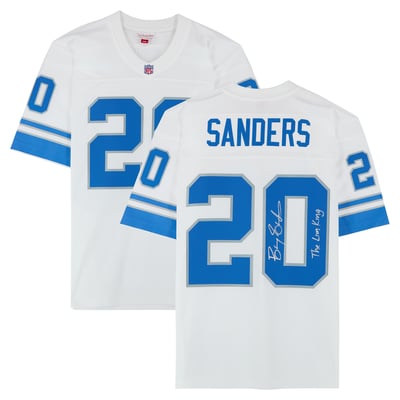 Barry Sanders Detroit Lions Autographed Fanatics Authentic White Mitchell and Ness 1996 Legacy Replica Jersey with "Lion King" Inscription