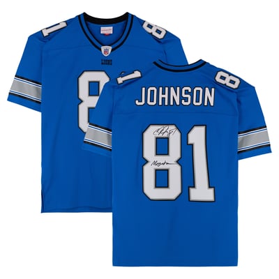Calvin Johnson Detroit Lions Autographed Fanatics Authentic Blue Mitchell & Ness 2007 Replica Jersey with "Megatron" Inscription