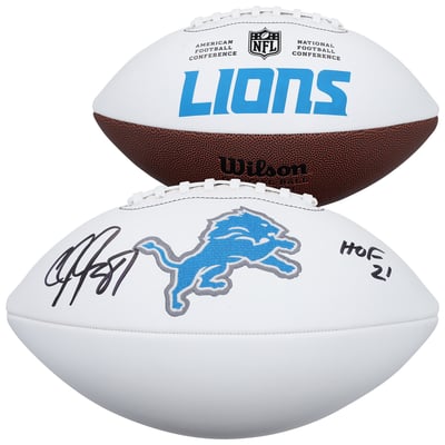 Calvin Johnson Detroit Lions Autographed Fanatics Authentic Wilson White Panel Football with "HOF 21" Inscription 