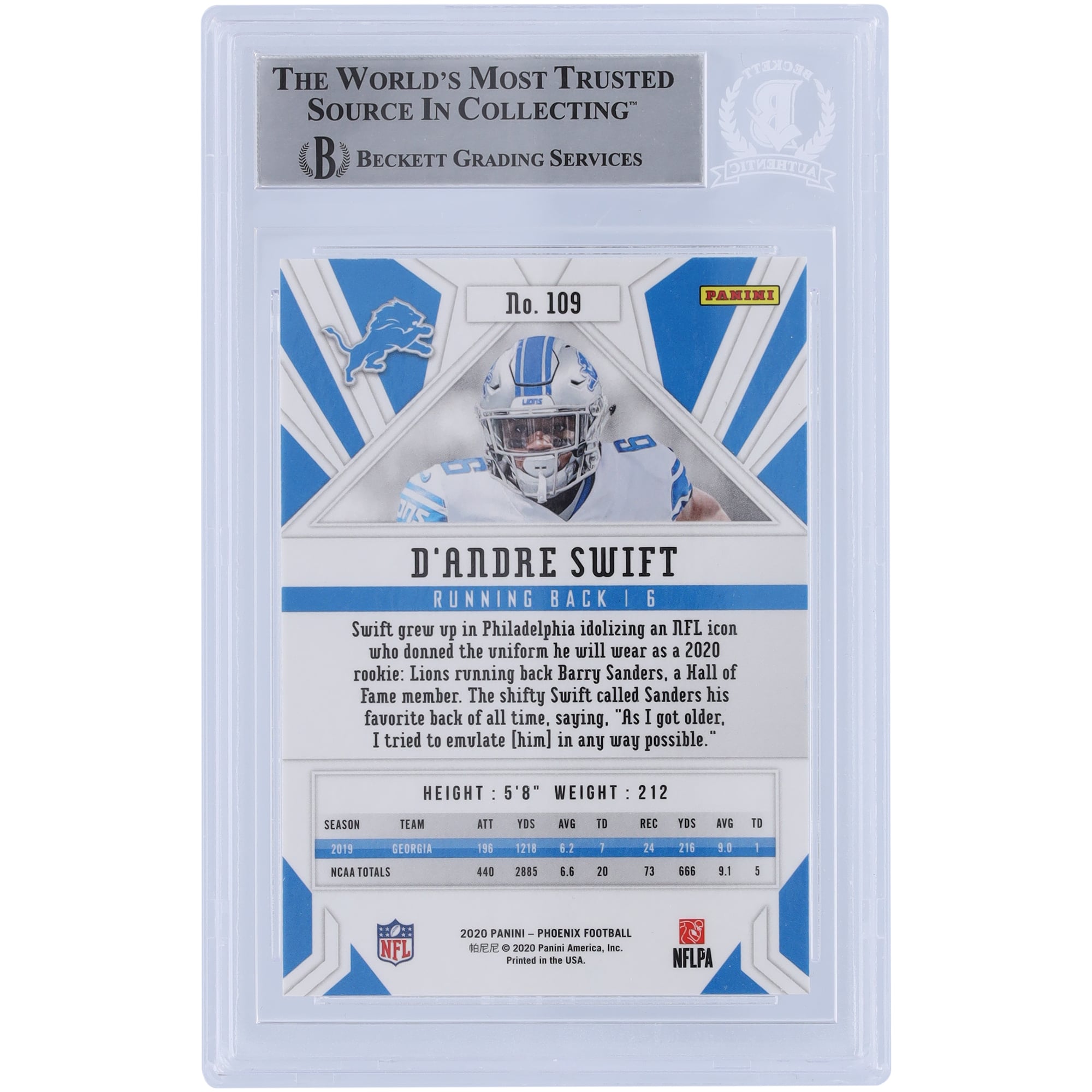 D'Andre Swift Detroit Lions Autographed 2020 Panini Phoenix Base