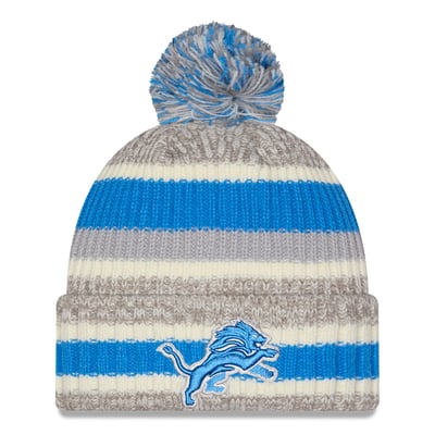Detroit Lions New Era Girls Youth Stripe Cuffed Knit Hat with Pom - Silver/Beige