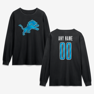 Detroit Lions  Metallic Mascot Personalized Name & Number Long Sleeve T-Shirt - Black