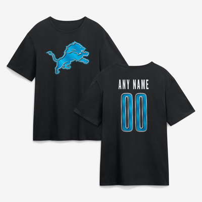 Detroit Lions  Metallic Mascot Personalized Name & Number T-Shirt - Black