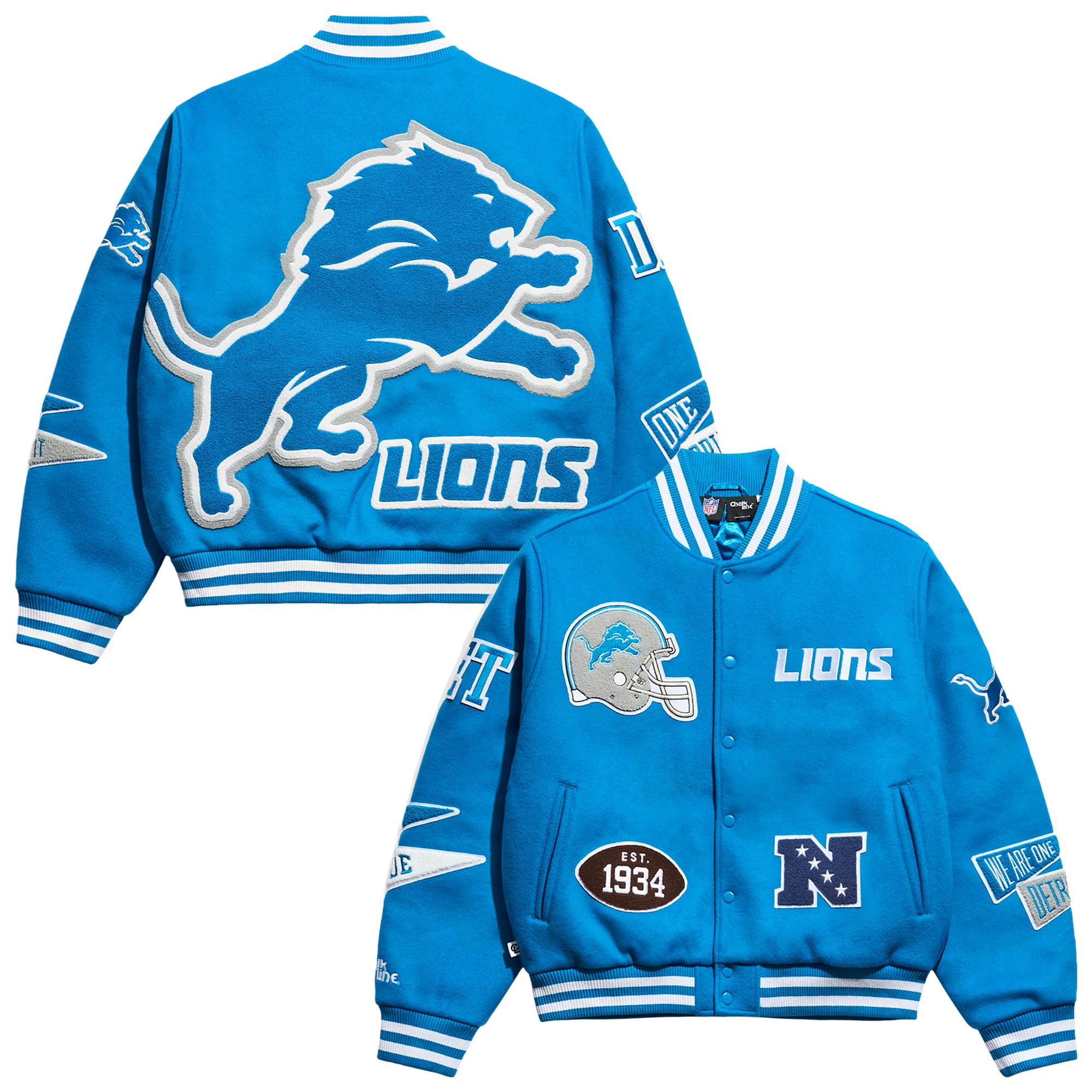 Men's Detroit Lions Chalk Line Blue Pennant Varsity Full-Snap Jacket