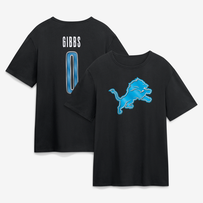 Jahmyr Gibbs Detroit Lions Metallic Mascot Name & Number T-Shirt - Black
