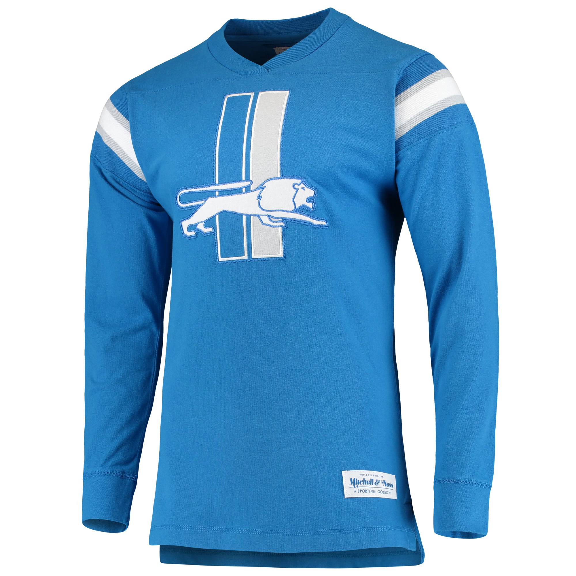 Men's Detroit Lions Mitchell & Ness Blue Team Captain V-Neck Long