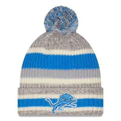 Detroit Lions New Era Stripe Cuff Knit Hat with Pom - Blue/Gray