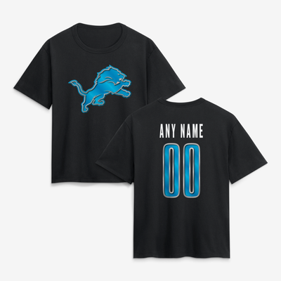 Detroit Lions Women's Metallic Mascot Personalized Name & Number T-Shirt - Black