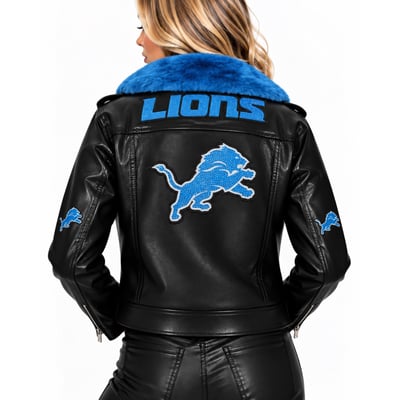 Detroit Lions FABGATING by Cuce Women's Vegan Leather Faux Fur Moto Full-Snap Jacket - Black/Blue