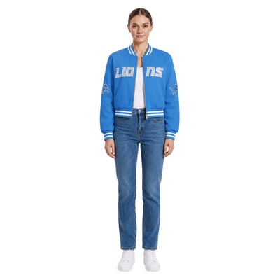 Detroit Lions FABGATING by Cuce Women's Cropped Team Full-Zip Bomber Jacket - Blue