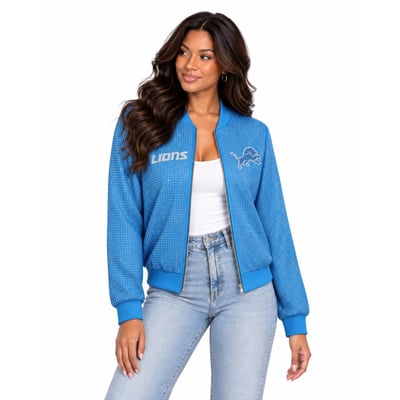 Detroit Lions FABGATING by Cuce Women's Crystal Full-Zip Bomber Jacket - Blue