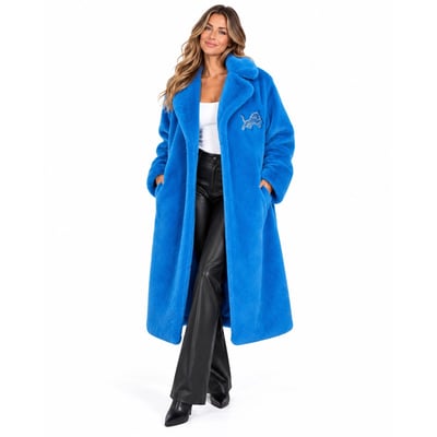 Detroit Lions FABGATING by Cuce Women's Longline Crystal Faux Fur Jacket - Blue