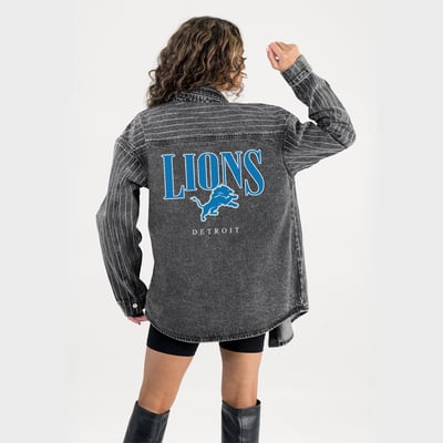  Detroit Lions Gameday Couture Women's End Zone Energy Rhinestone Washed Full-Snap Denim Overshirt - Black