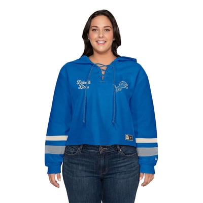 Detroit Lions New Era Women's Plus Size Throwback Cropped Lace-Up Hoodie - Blue