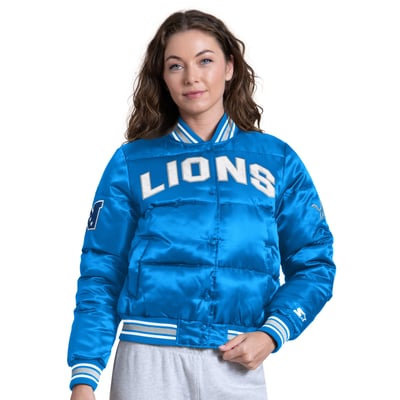 Detroit Lions Starter Women's Pump Fake Puffer Full Snap Cropped Jacket - Blue