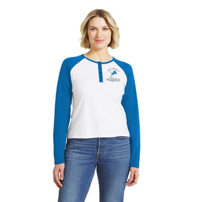  Detroit Lions WEAR by Erin Andrews Women's Henley Long Sleeve Raglan T-Shirt - White/Blue