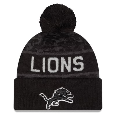 Detroit Lions New Era Youth 2026 Salute To Service Cuffed Knit Hat with Pom - Black