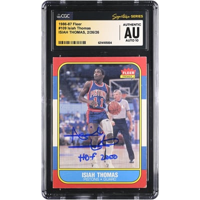 Isiah Thomas Detroit Pistons Autographed 1986-87 Fleer #109 CGC Fanatics Witnessed Authenticated AUTO 10 Rookie Card with "HOF 2000" Inscription