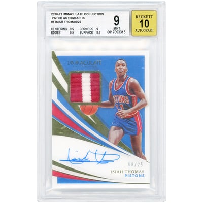 Isiah Thomas Detroit Pistons Autographed 2020-21 Panini Immaculate Collection Gold Game Used Dual-Color Jersey Relic #PA-IST #8/25 BGS Authenticated 9/10 Card