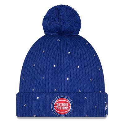 Detroit Pistons New Era Women's Rhinestone Cuffed Knit Hat with Pom - Blue