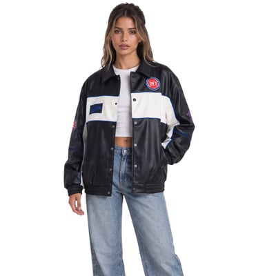  Detroit Pistons The Wild Collective Women's Faux Leather Racing Full-Snap Jacket - Black