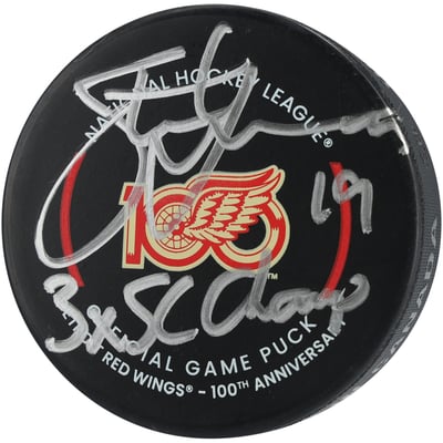 Steve Yzerman Detroit Red Wings Autographed Fanatics Authentic 100th Anniversary Season Official Game Puck with "3X SC Champ" Inscription