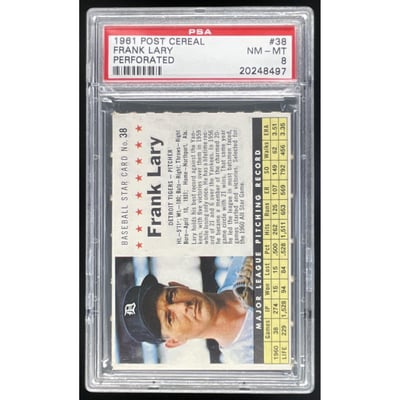 1961 Post Cereal Perforated #38 Frank Lary PSA 8