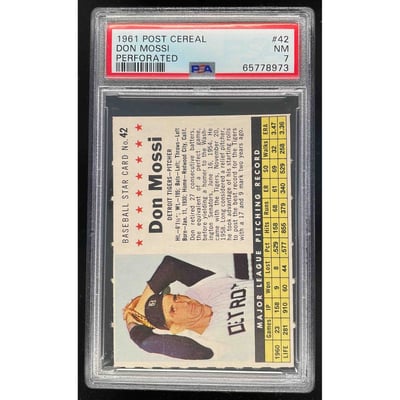 1961 Post Cereal Perforated #42 Don Mossi UER PSA 7