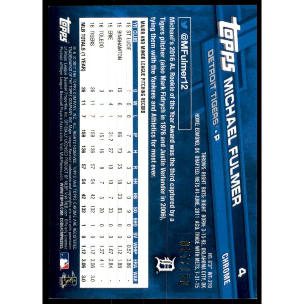 2017 Topps Chrome Blue Refractors #4 Michael Fulmer