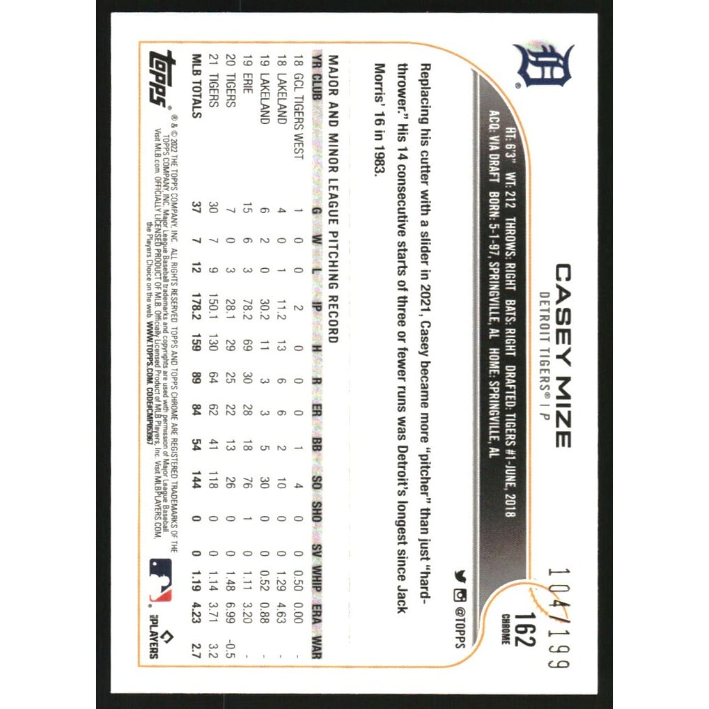2022 Topps Chrome Aqua Refractors #162 Casey Mize