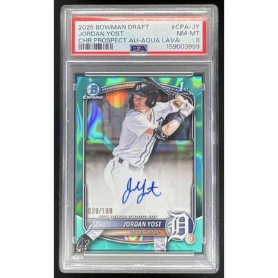 2025 Bowman Draft Chrome Prospect Aqua Lava #JY Jordan Yost RC Auto /199 PSA 8