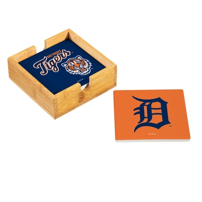 Detroit Tigers Four-Piece Ceramic Coaster Set with Wood Caddy