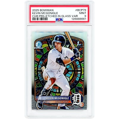 Kevin McGonigle Detroit Tigers 2025 Bowman Chrome 1st Bowman Etched in Glass #BCP-79 PSA Authenticated 9 Card