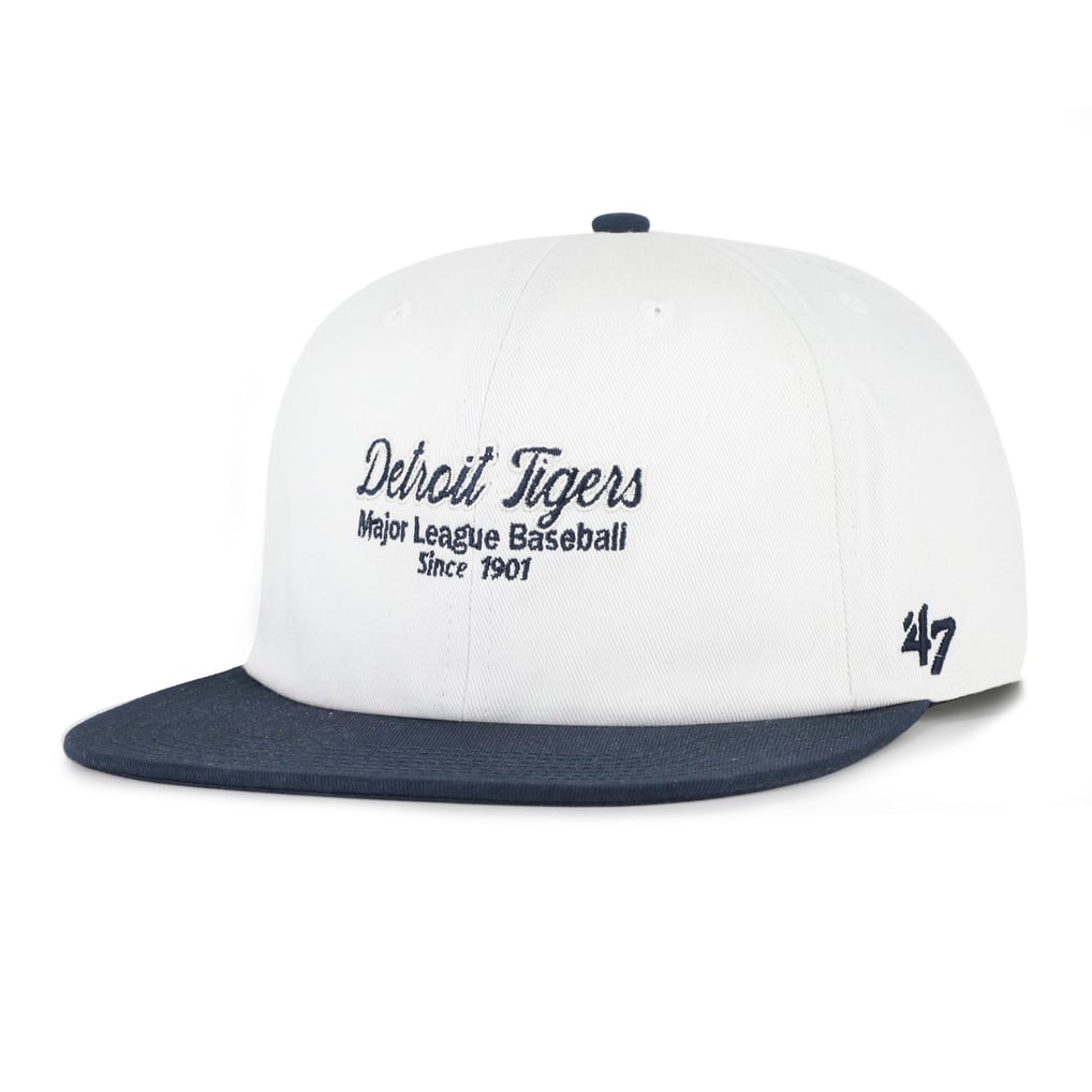 Detroit Tigers '47 Script Stack Relaxed Captain Snapback - White/Navy