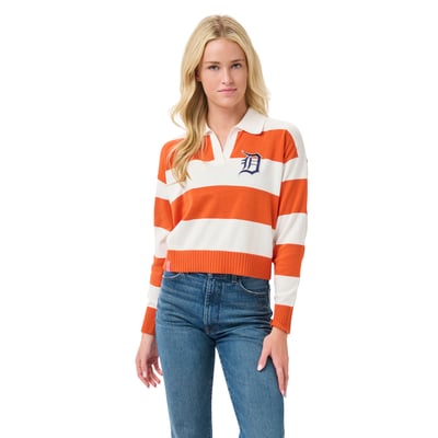 Detroit Tigers Lusso Women's Silvia Boxy Rugby V-Neck Sweater - Orange/Cream